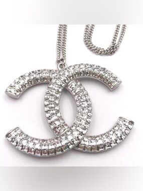 Chanel CC Crystal Pavé Pendant Necklace Large Logo Silver Tone